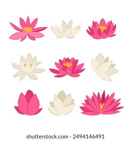 dibujo animado del conjunto de flores de loto. blossom zen, chino lirio acuático, acuarela del estanque signo de flor de loto. símbolo aislado Ilustración vectorial