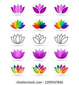 Lotus flower set made in various style and design. Compilation includes abstract, pruple, colorful, rainbow and line art icons.