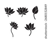 Lotus Flower Side View Silhouette Bundle | Vector Lotus Bud, Half-Open, Fully Bloomed, Artistic Floral Outlines | Black Botanical Clipart for Logo, Pattern, Decoration and Design
