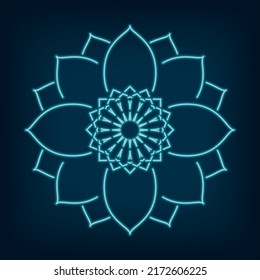 Lotus Flower Sign Top View As Traditional Asian Sacred Symbol Of Purity Glowing Neon Sign Style Template - Blue Over Dark Background - Vector Mixed Graphic Design