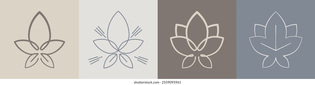 Lotus flower sign variations. A set of minimalist Lotus Flower logo designs in various natural shades. Simple, elegant outline of a lotus flower in a minimalist boho style. Vector illustration.