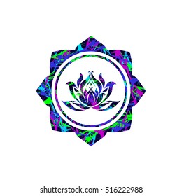 Lotus flower sign Vector. Buddhist religious sacred symbol Lotus. Illustration with oriental textured lotus flower. Floral background. Water lily in vector