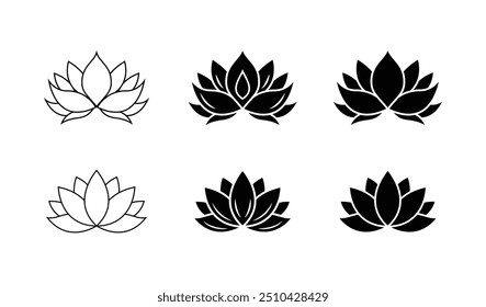 Logo de la silueta de la flor de loto. Conjunto de símbolo de loto negro aislado sobre fondo blanco. Icono de loto, signo de yoga y meditación para salón de spa. Ilustración vectorial