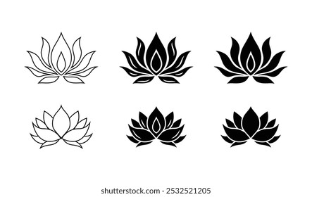 Lotus flower silhouette logo. Set black lotus symbol isolated on white background. Lotus icon, sign yoga and meditation for spa salon. Vector illustration