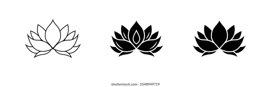 Lotus Blume Silhouette Logo. Ein schwarzes Lotussymbol wird einzeln auf weißem Hintergrund gesetzt. Lotus Ikone, Zeichen Yoga und Meditation für Spa-Salon. Vektorgrafik