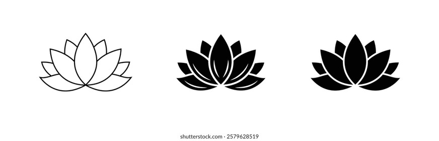 Lotus flower silhouette logo. Set black lotus symbol isolated on white background. Lotus icon, sign yoga and meditation for spa salon. Vector illustration