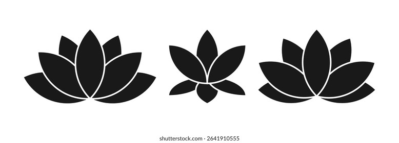 Lotus flower silhouette logo. Set black lotus symbol isolated on white background. Lotus icon, sign yoga and meditation for spa salon.