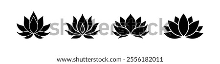 Lotus flower silhouette logo. Set black lotus symbol isolated on white background. Lotus icon, sign yoga and meditation for spa salon. Vector illustration