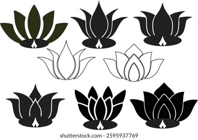 Lotus flower silhouette on white. Set of black lotus symbol. Lotus icon, sign yoga and meditation for spa salon. Aloe vera icon for herbal treatment or skin care products. EPS 10