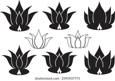 Lotus flower silhouette on white. Set of black lotus symbol. Lotus icon, sign yoga and meditation for spa salon. Aloe vera icon for herbal treatment or skin care products. EPS 10