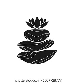 Lotus flower and silhouette of stones black logo for massage. Spa beauty, healthy lifestyle. Zen stones balance, harmony. Natural stones with abstract flowing lines in boho style.