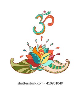 Lotus flower silhouette and symbol om. Water lily. Oriental indian, chinese style. Zentangle elements design for spa, yoga studio, t-shirt print, tattoo, hotel and resort. Coloring page for adult.