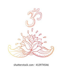Lotus flower silhouette and symbol om. Water lily. Oriental indian, chinese style. Zentangle elements design for spa, yoga studio, t-shirt print, tattoo, hotel and resort. Coloring page for adult.