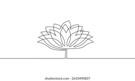 Lotus flower single line drawing. Petals layered minimal style. Meditation wellness yoga beauty zen. Simple outline flat lay white background