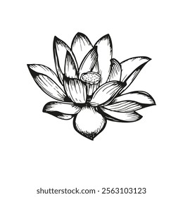 Lotus flower sketch outline illustration. Line art floral botany drawing in engraving style. Hand drawn vector clipart