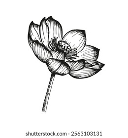 Lotus flower sketch outline illustration. Line art floral botany drawing in engraving style. Hand drawn vector clipart