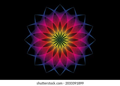 lotus flower spectrum mandala, Seed of life, Sacred Geometry. Logo icon Geometric thread art sign of alchemy esoteric Flower. Vector colorful string line art divine meditative amulet isolated on black