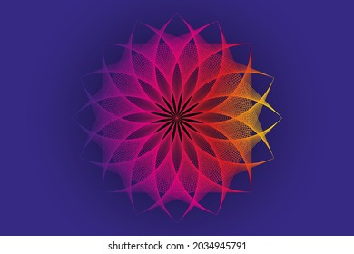 espectro de flores de loto mandala, arte de hilo, geometría sagrada. Icono de logotipo colorido de String Art. Signo geométrico de flor esotérica alquimista. Vector divino meditativo aislado en fondo azul púrpura