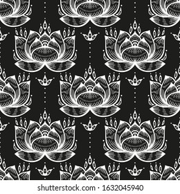 Lotus Flower Symbol, Seamless Pattern. Black and White Ornamental Floral Pattern Vector Background