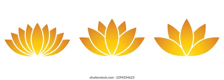 Lotus flower symbol set, flat style yellow, gold color vector icon object. Floral label with five petals, wellness, health and yoga industry or meditation logo, isolated on white background.