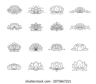 Lotus flower symbol, sign, icon. Spa sign. Yoga design. Thai massage logo. Natural hand drawn set. Alternative medicine symbol. Vesak day illustration