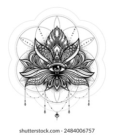 Lotus flower tattoo design over Seed of Life sacred geometry symbol. Ancient geometric spiritual symbol. Overlapping circles floral pattern, Flower of Life. Black and white vector illustration.