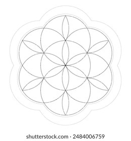 Lotus flower tattoo design over Seed of Life sacred geometry symbol. Ancient geometric spiritual symbol. Overlapping circles floral pattern, Flower of Life. Black and white vector illustration.