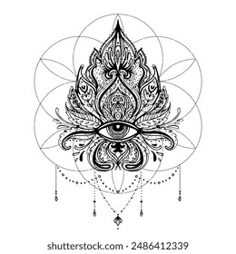 Lotus flower tattoo design over Seed of Life sacred geometry symbol. Ancient geometric spiritual symbol. Overlapping circles floral pattern, Flower of Life. Black and white vector illustration.