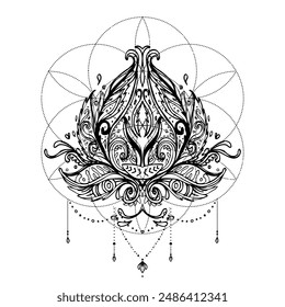 Lotus flower tattoo design over Seed of Life sacred geometry symbol. Ancient geometric spiritual symbol. Overlapping circles floral pattern, Flower of Life. Black and white vector illustration.