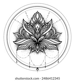 Lotus flower tattoo design over Seed of Life sacred geometry symbol. Ancient geometric spiritual symbol. Overlapping circles floral pattern, Flower of Life. Black and white vector illustration.