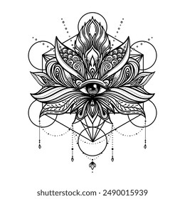 Lotus flower tattoo design over Seed of Life sacred geometry symbol. Ancient geometric spiritual symbol. Overlapping circles floral pattern, Flower of Life. Black and white vector illustration.