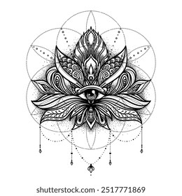 Lotus flower tattoo design over Seed of Life sacred geometry symbol. Ancient geometric spiritual symbol. Flower of Life. Black and white vector illustration.