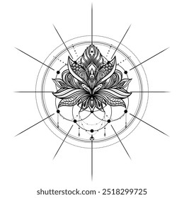 Lotus flower tattoo design over Seed of Life sacred geometry symbol. Ancient geometric spiritual symbol. Flower of Life. Black and white vector illustration.