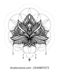 Lotus flower tattoo design over Seed of Life sacred geometry symbol. Ancient geometric spiritual symbol. Flower of Life. Black and white vector illustration.