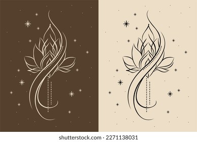 lotus flower tattoo illustration in line stars beige and brown background