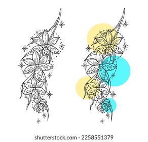 Lotus flower tattoo line drawing with blue and yellow circles. Drawing for tattoo, decor, printing, stickers, postcards, etc.