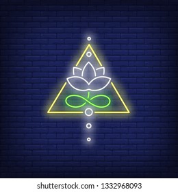 Lotus flower in triangle neon sign. Sacred symbol concept design. Night bright neon sign, colorful billboard, light banner. Vector illustration in neon style.