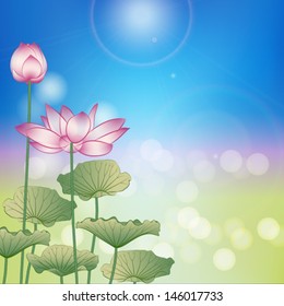 Lotus flower under summer sun on blue sky.