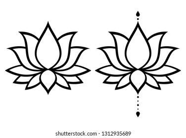 Lotus flower vector design set, Yoga or zen decorative background - boho style. 
Lotus or water lilly shapes, graphic elements in black on white background, Indian modern decoration 