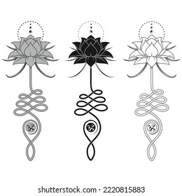 Lotus Flower Vector Design with Unalome hindu symbol, yoga and induism symbol, lotus flower motifs for tattoo