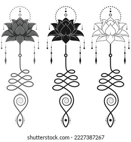 Lotus Flower Vector Design with Unalome hindu symbol, yoga and induism symbol, lotus flower motifs for tattoo