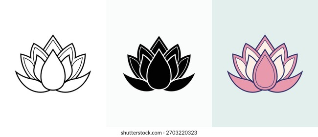 Lotus flower vector icon set: outline, solid, and color designs