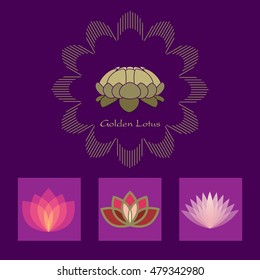 Lotus Flower vector icon set design template for Alternative Medicine, Yoga Club, Beauty Industry, Natural Cosmetics, Healing, Acupuncture, Massage & Recreation.  Sample text. Editable