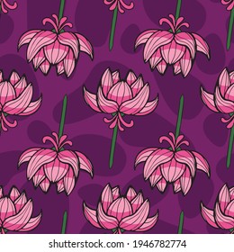 Lotus flower vector repeat pattern on purple background