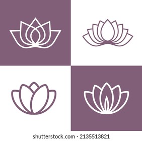 Conjunto de vectores de flores de Lotus. Dibujos de flores de Lotus en tonos azules y blancos. Juegos de logotipos para yoga, spa y relajación