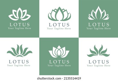 Lotus fllower, Vektorset. Lotus-Blumenzeichnungen in Grün-Weiß-Farben. Logosets für Yoga, Spa und Entspannung