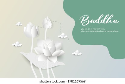 Lotus flower vesak day buddha culture on soft green backgrounds vector - Vesak day Buddha temple religion of frame background - Magha puja day template banner