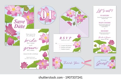 Lotus flower or water lilies background template. Vector set of floral element for wedding invitations, greeting card, envelope, voucher, brochures and banners design.