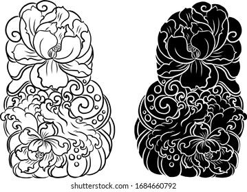 Flor de Lotus y vectores de salpicaduras de agua para el fondo de tatuajes.Ilustración floral tradicional japonesa para el arte del doodle y libro de colorear sobre fondo blanco aislado.Ola china y flor de peones.