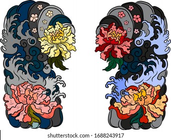 Lotusblume und Wassersplash-Vektorillustration für Tattoohintergrund.Traditionelle japanische Blumengrafik für Doodle-Kunst und Farbbuch auf weißem, isoliertem Hintergrund.Chinesische Wellen- und Peronenblume.